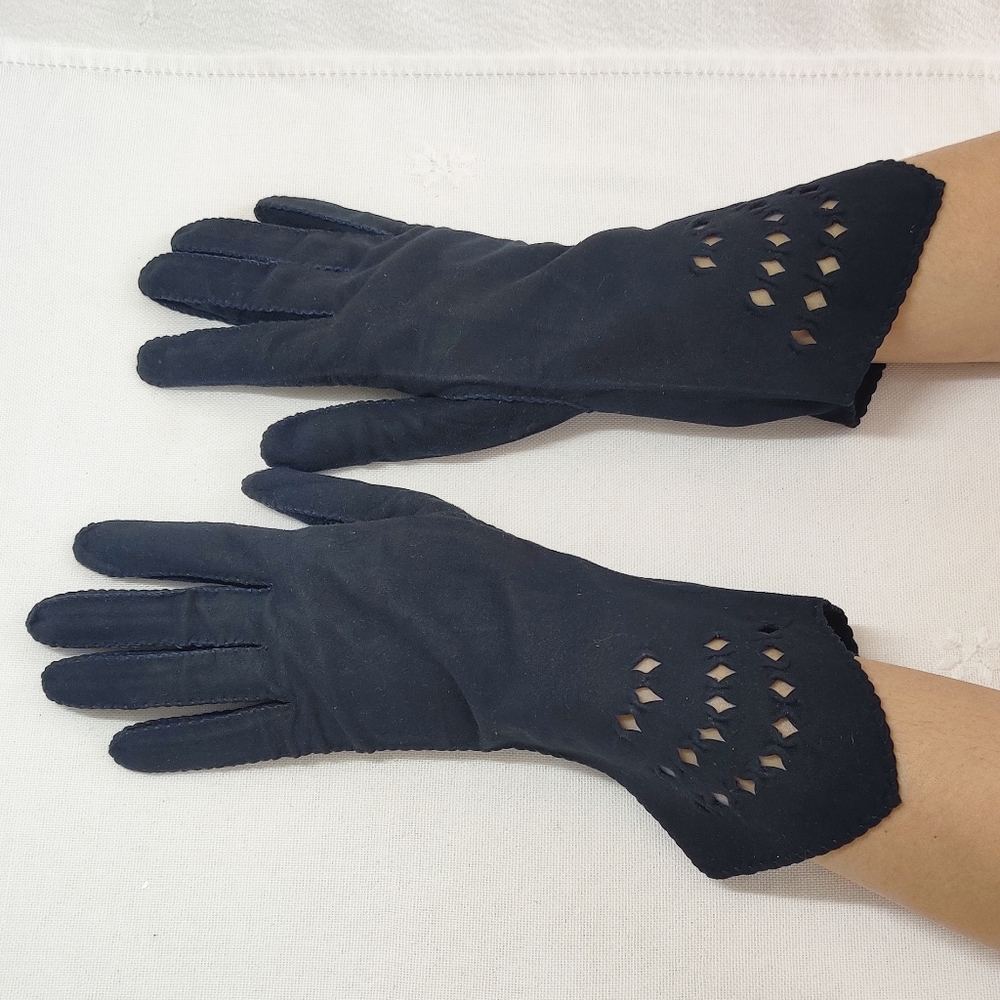 Designer Black Gloves Suede Leather, Fancy Cut Work Detail Vintage New Condition